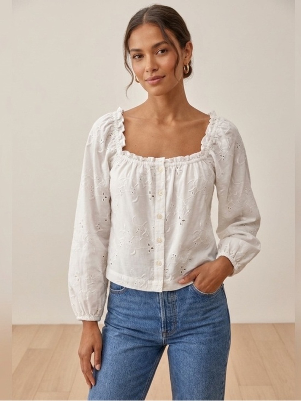 American Eagle Womens Small Eyelet Embroidered Blouse Top White S Square Neck